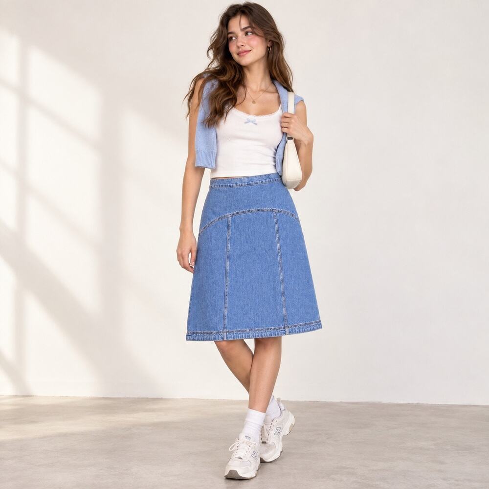 Old Navy Y2K Drapey Denim Midi Skirt Sz 6 Preppy Minimal 90s A Line Cottagecore